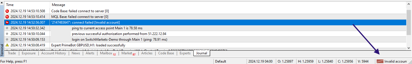 Invalid account error